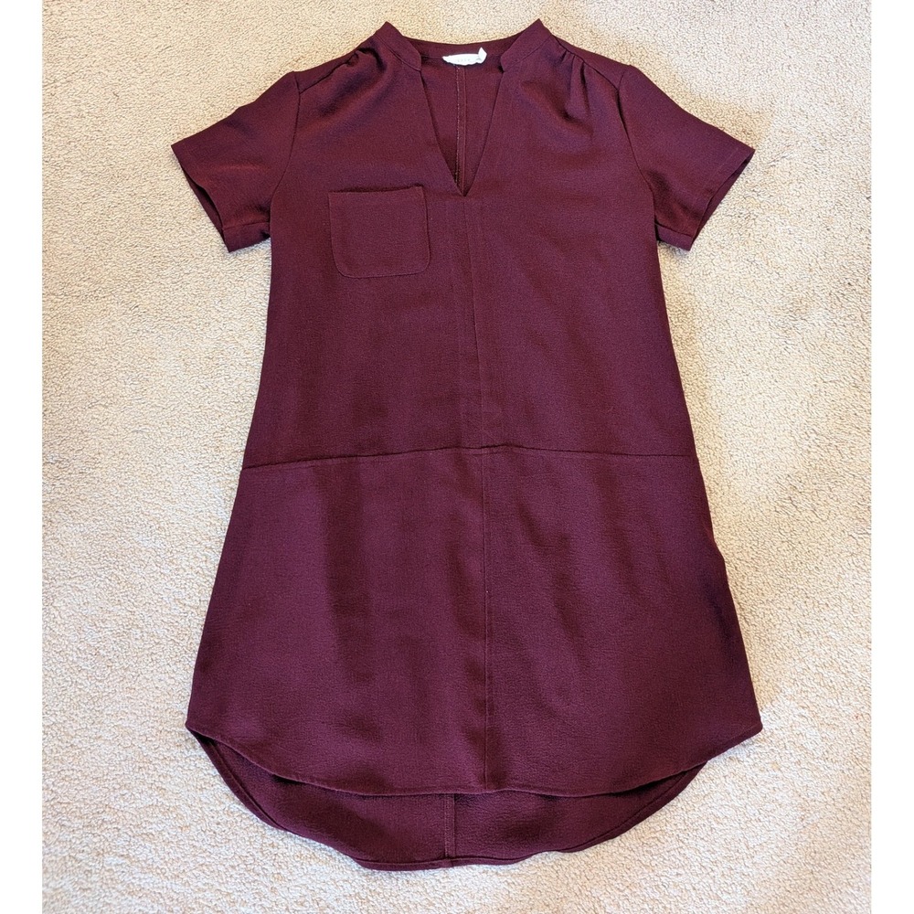 Lush Burgundy Wine Crepe Short Sleeve Shift Dress